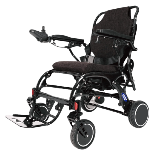 A black electric motorized wheelchair with a dark brown textured seat and backrest, shown from a three-quarter angle against a solid white background.