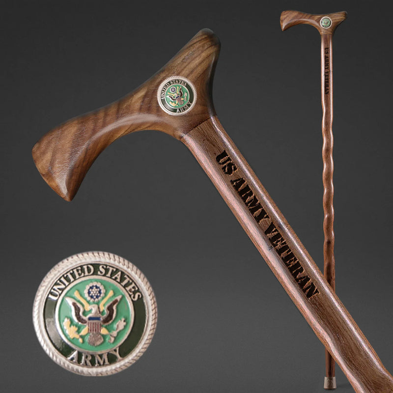 Wooden walking cane with U.S. Army Veteran engraving and Army emblem on a dark background