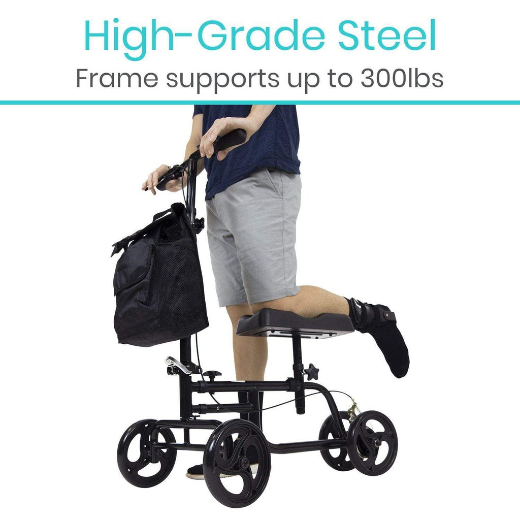 Vive knee walker is steel and holds up to 300 pounds 