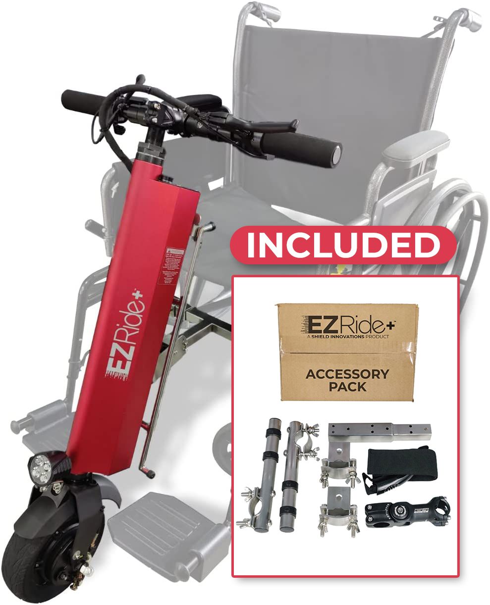 Wheelchair with EZ Ride+ scooter attachment and accessory pack on a white background