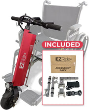Wheelchair with EZ Ride+ scooter attachment and accessory pack on a white background