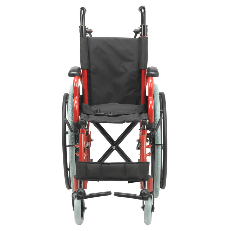 Red and black wheelchair on a white background