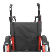 Close-up of a wheelchair with a black cover on a white background