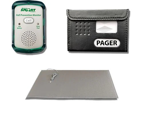 Fall prevention monitor with pager and mat on a white background