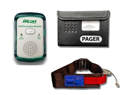 Fall prevention monitor, pager, and wristband on a white background Smart Caregiver WESB90V-SYS
