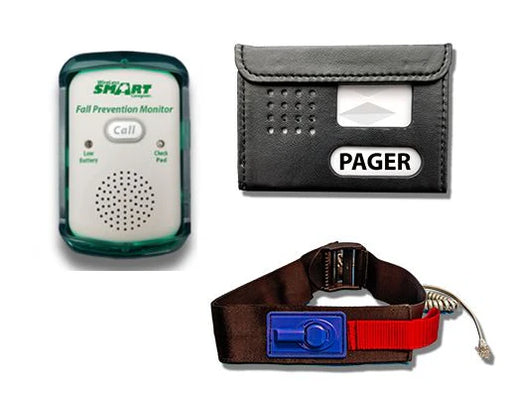 Fall prevention monitor, pager, and wristband on a white background Smart Caregiver WESB90V-SYS
