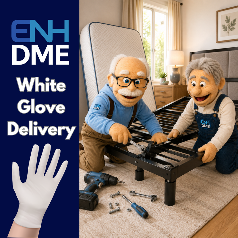 Two animated characters working on a bed frame with ENH DME branding and text about white glove delivery.