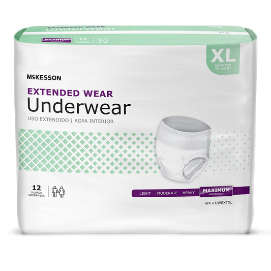 Box of McKesson Extended Wear Underwear with size XL on a white background
