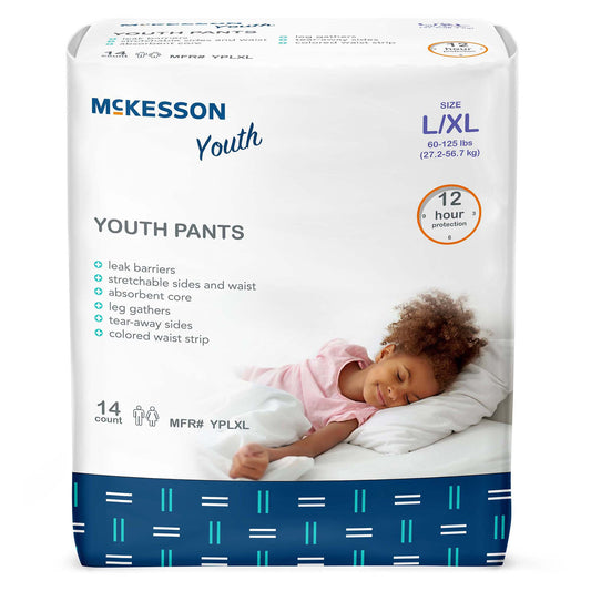 Package of McKesson Youth Pants with a child lying on a bed on the packaging.