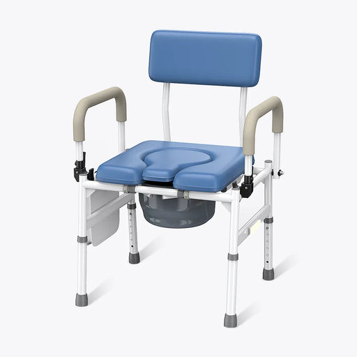 A portable bathroom commode chair with a blue padded seat and backrest, white metal frame, beige armrests, and a dark gray drainage bowl, shown on a clean white background.