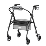 A black and gray rollator walker with an integrated seat, backrest, and storage basket, shown on a solid white background.