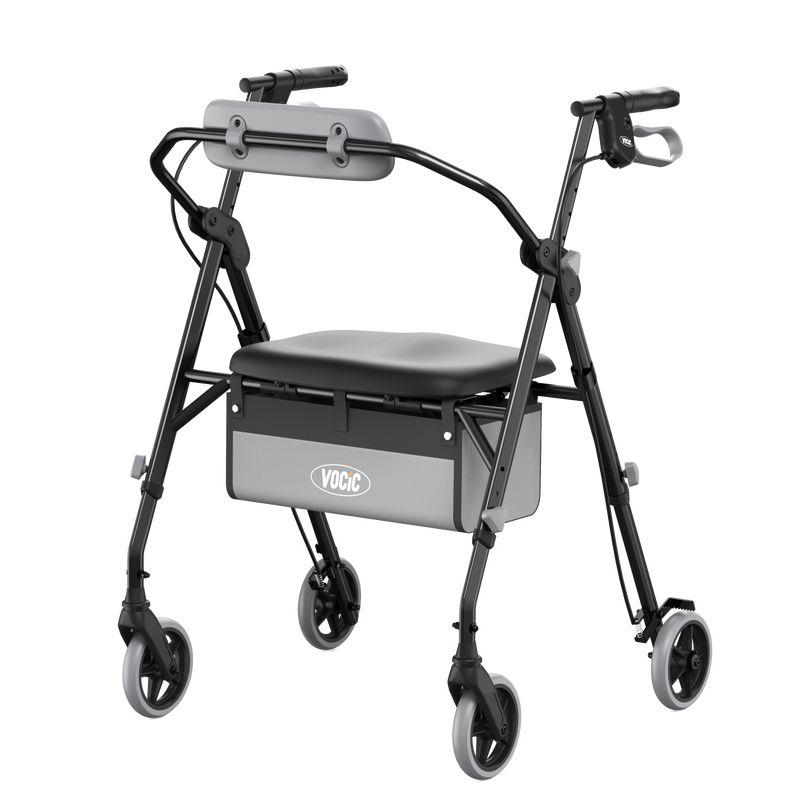 A black and gray rollator walker with an integrated seat, backrest, and storage basket, shown on a solid white background.