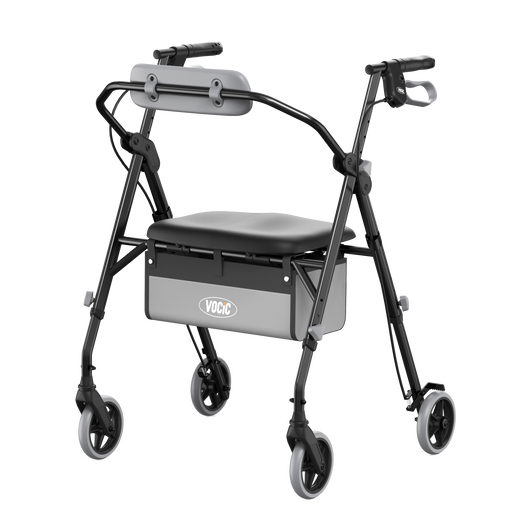 A black and gray rollator walker with an integrated seat, backrest, and storage basket, shown on a solid white background.