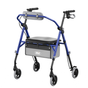 A blue and gray rollator walker with a built-in seat, storage box, and backrest, shown on a plain white background.