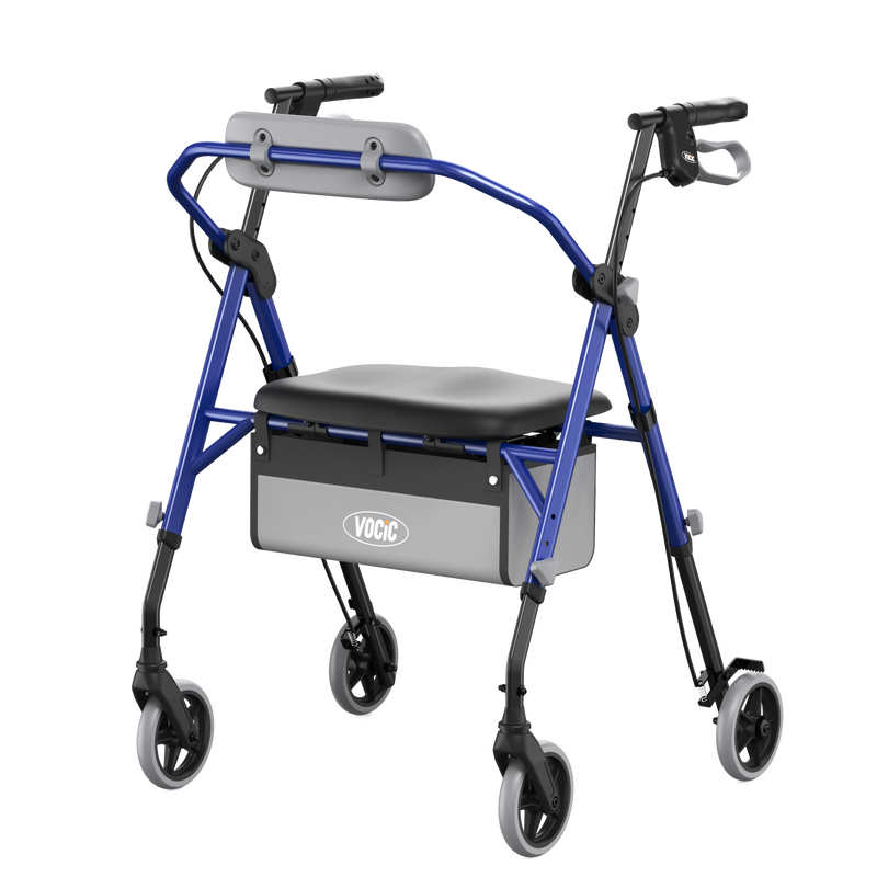 A blue and gray rollator walker with a built-in seat, storage box, and backrest, shown on a plain white background.