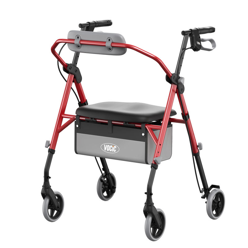 A red and black rollator walker with a seat, storage basket, and backrest, shown on a plain white background. The brand name 'VOOC' is visible on the side of the storage basket.