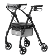 A black and gray rollator walker with a seat, four wheels, and a storage basket, shown on a plain white background.