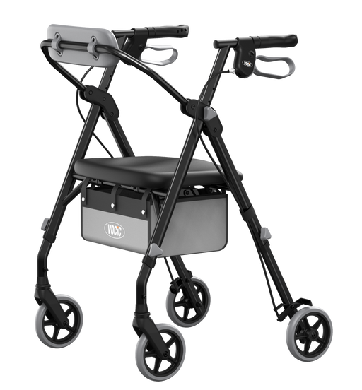 A black and gray rollator walker with a seat, four wheels, and a storage basket, shown on a plain white background.