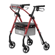A red and black rollator walker with a seat, four wheels, and a storage basket, shown on a plain white background.