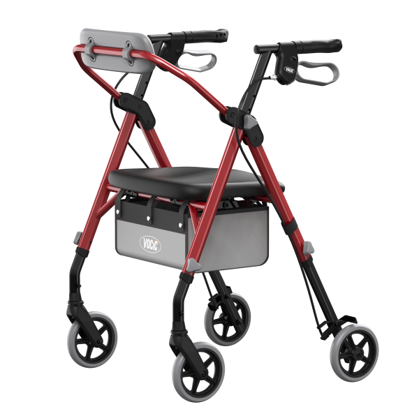 A red and black rollator walker with a seat, four wheels, and a storage basket, shown on a plain white background.