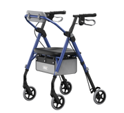 A blue and black rollator walker with a seat, backrest, and storage basket, shown on a plain white background.