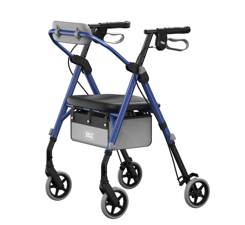 A blue and black rollator walker with a seat, backrest, and storage basket, shown on a plain white background.