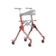 A red and gray medical transfer chair with wheels, shown on a plain white background.