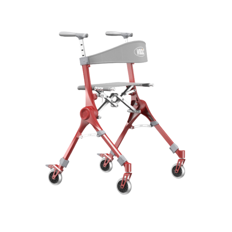 A red and gray medical transfer chair with wheels, shown on a plain white background.