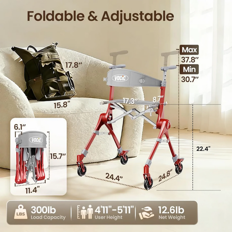 Red and silver foldable adjustable walker with black wheels, shown in a living room setting next to a beige armchair with a backpack. The image includes dimension labels, weight capacity info, and user height information.