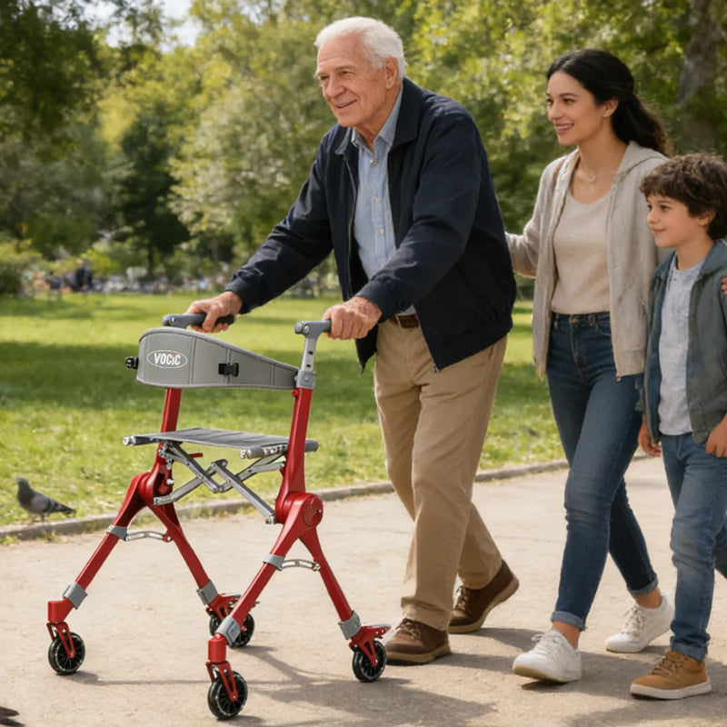 Man using a red walker with a woman and child walking behind him in a park.