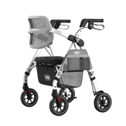 A silver and gray rollator walker with black wheels, a mesh backrest, a seat, and a front storage basket, shown on a plain white background.
