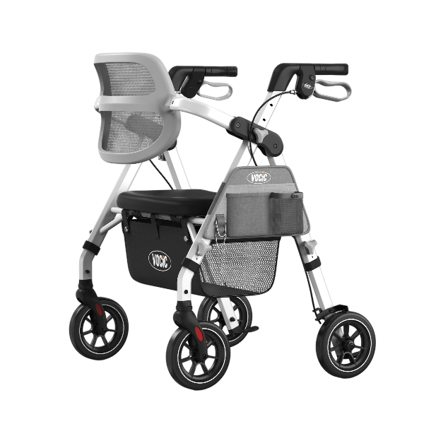A silver and gray rollator walker with black wheels, a mesh backrest, a seat, and a front storage basket, shown on a plain white background.