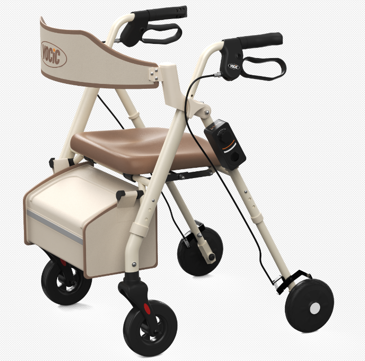 An OMC electric walker with a beige and brown seat, four wheels, and a storage basket, shown on a light gray background.