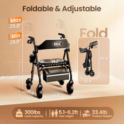 Foldable and adjustable rollator wheelchair shown on a beige promotional graphic with dimensions, fold-out measurements, load capacity, user height, and product weight.