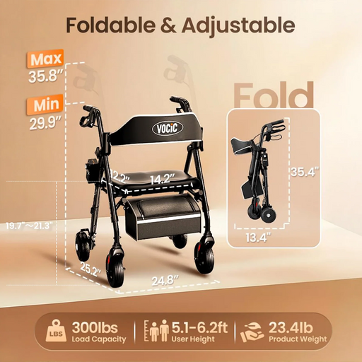 Foldable and adjustable rollator wheelchair shown on a beige promotional graphic with dimensions, fold-out measurements, load capacity, user height, and product weight.