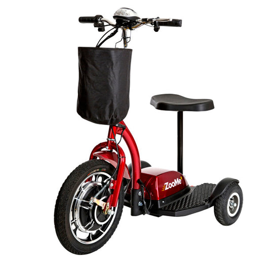 Red three-wheeled scooter with a seat and basket on a white background