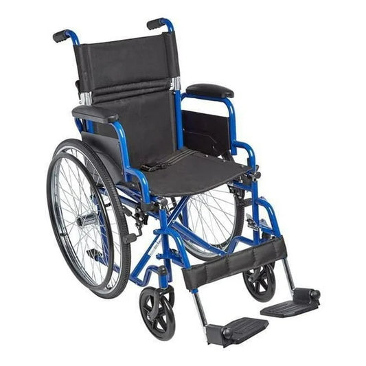 Blue and black wheelchair on a white background