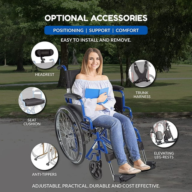 Woman in a wheelchair with optional accessories displayed around her
