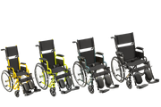 Four compact folding wheelchairs arranged in a row against a solid white background, showing different frame color options including yellow, lime green, and black.