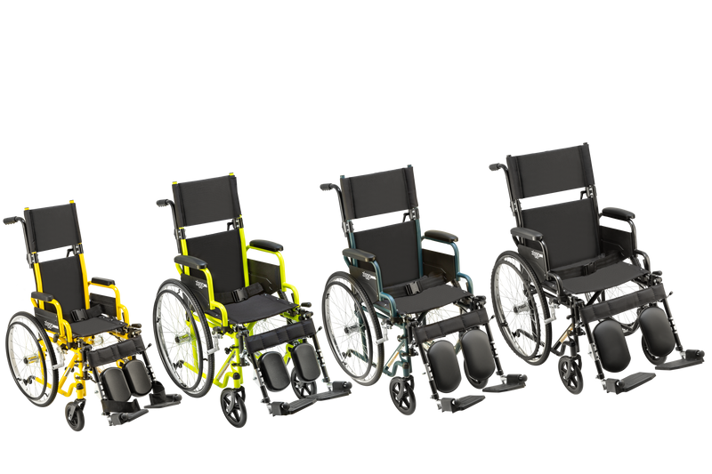 Four compact folding wheelchairs arranged in a row against a solid white background, showing different frame color options including yellow, lime green, and black.