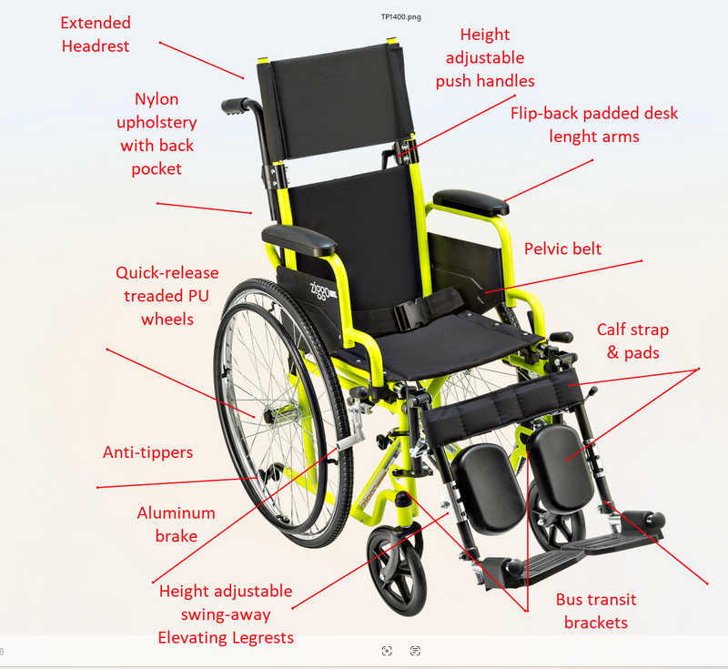 A labeled product diagram of a wheelchair on a light gray background, with red text callouts pointing to features such as the extended headrest, nylon upholstery, padded desk, pelvic belt, calf strap, and bus transit brackets.