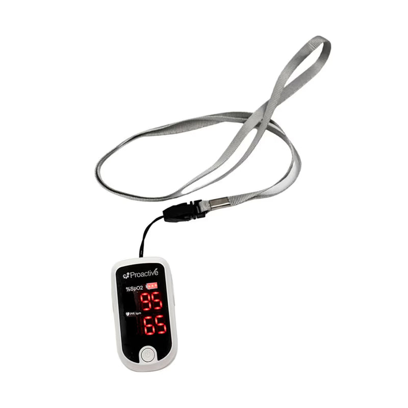 A Proactiv6 personal temperature alarm with a black face, red LED display showing 95 and 65, and a gray lanyard strap, shown on a plain white background.