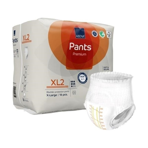 Pack of Abena Pants Premium XL2 with a single diaper displayed in front on a white background