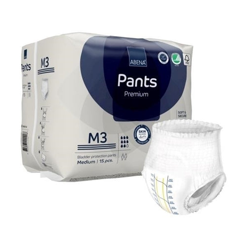 Pack of Abena M3 Pants Premium with a single diaper displayed on a white background