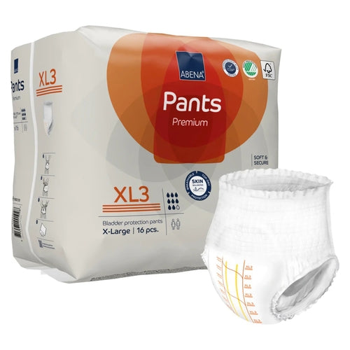 Abena Pants Premium XL3 packaging with a sample diaper on a white background