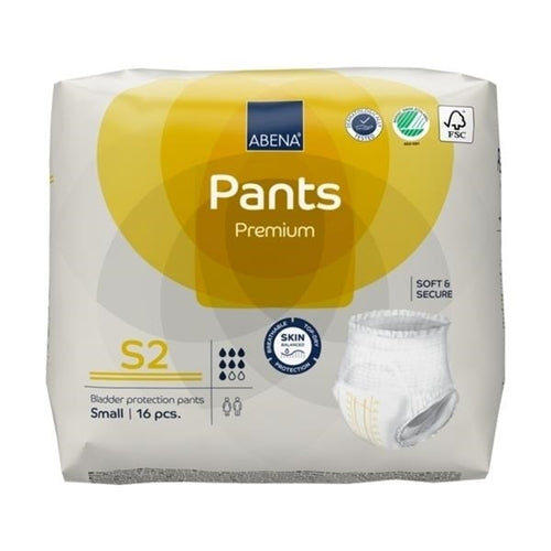 Pack of Abena Premium Pants with packaging details on a white background