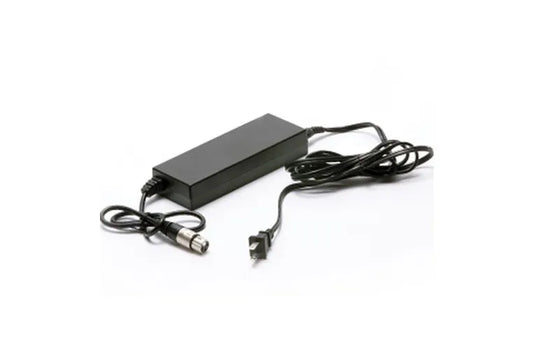 Black power adapter with cable on a white background