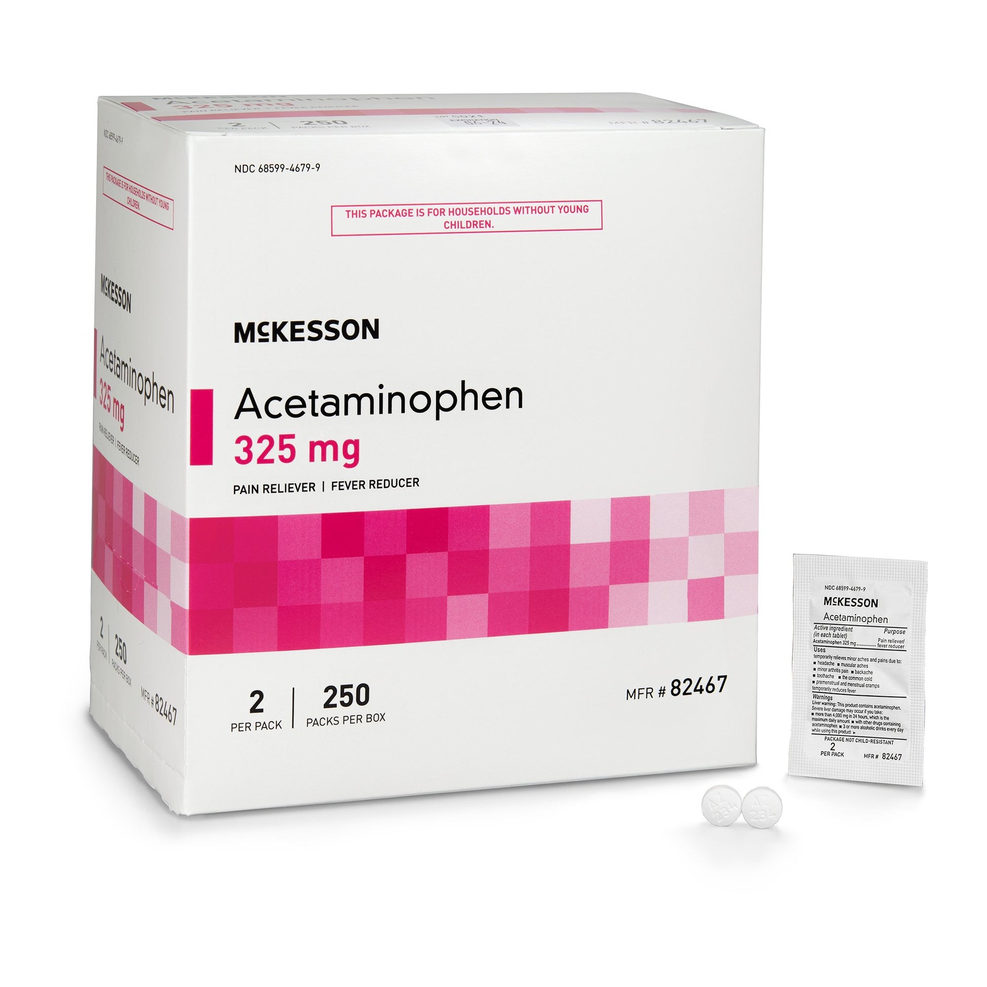 McKesson Acetaminophen packaging with pink and white design on a white background