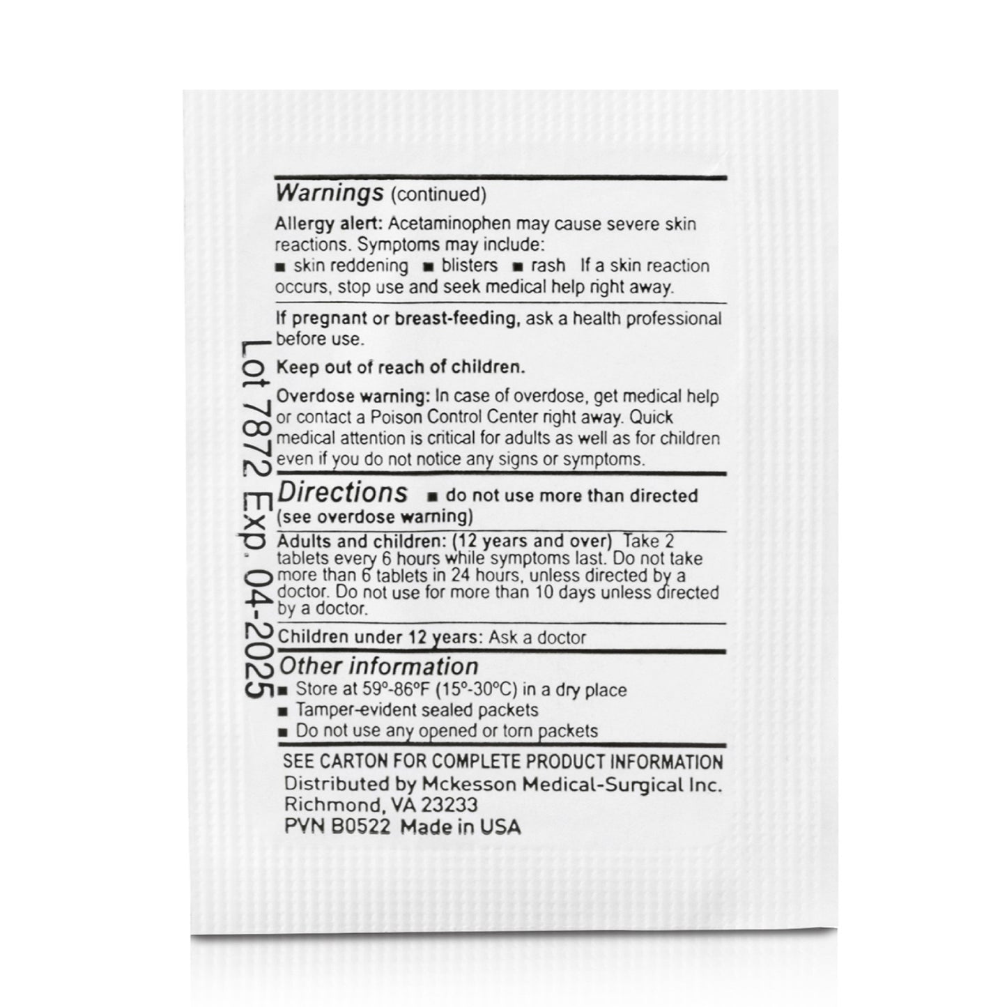 Medication packet with warnings and directions on a white background