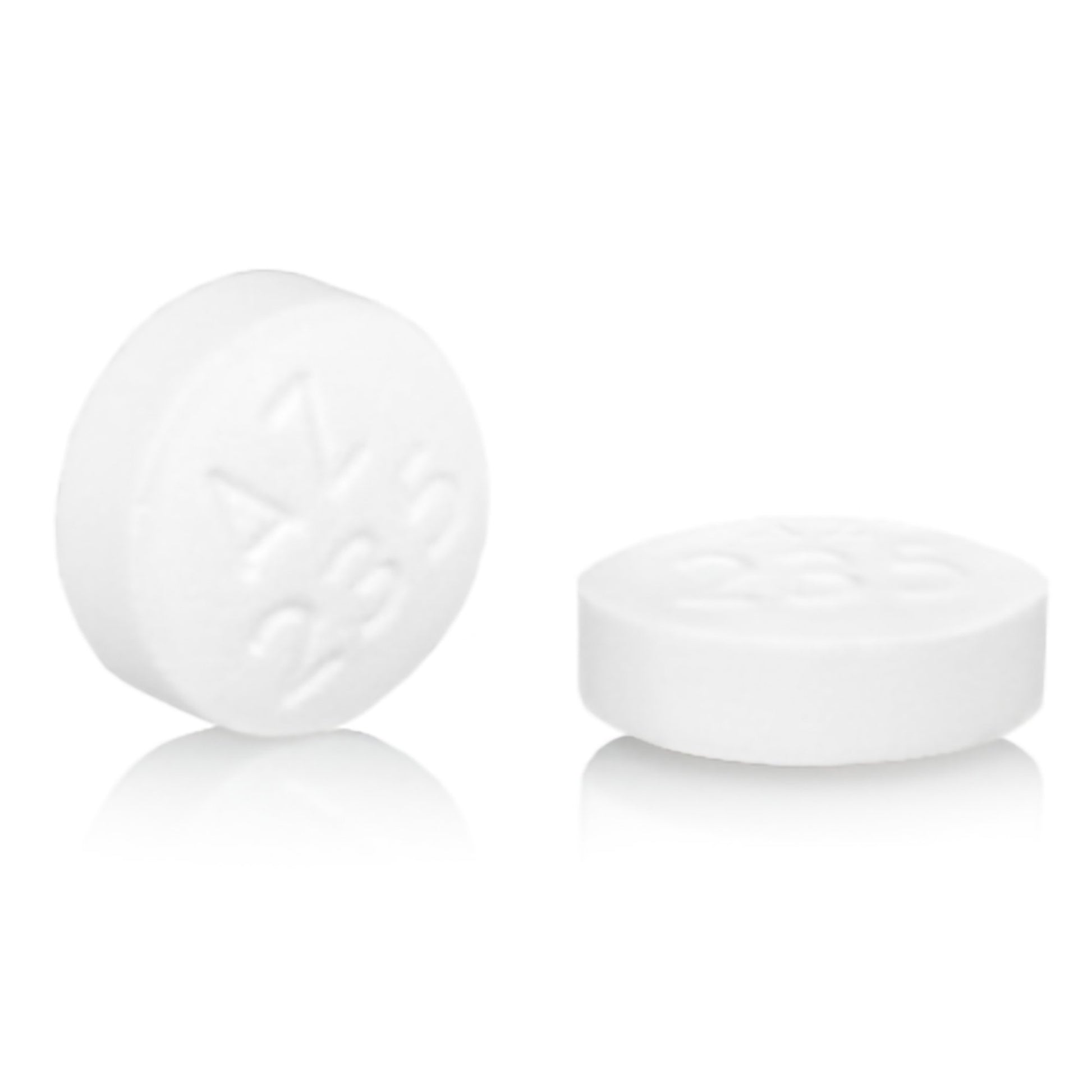Two white tablets on a reflective surface with a white background